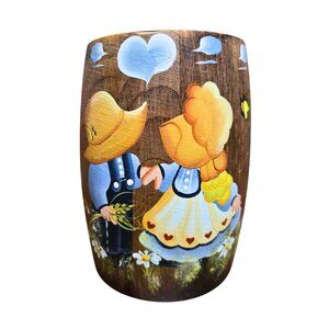 Vintage Amish Kids Hand Painted Wood Crock Rain Barrel Butterfly & Daisy's